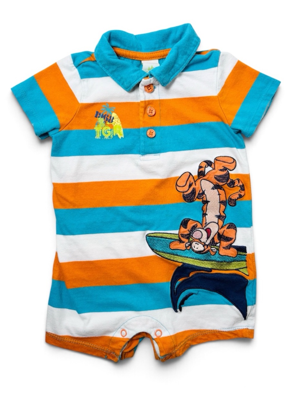 Official Disney Baby Orange Teal Striped Surfing Tigger Polo Romper 6-12M